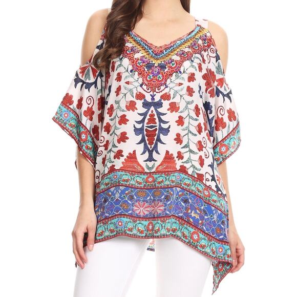 Sakkas‎ Saanvi Printed Draped Short Sleeve Strap Cutout Shoulder V-Neck Kaftan - Picture 1 of 10